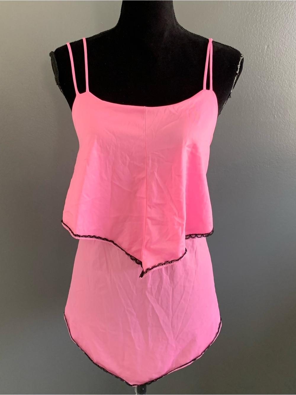 Betsey Johnson Neon Pink Layered Chemise with Black Trim